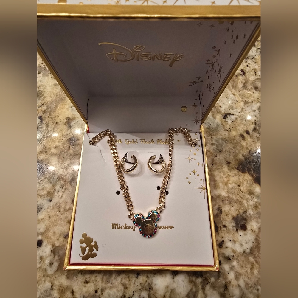 Disney Gold and Multicolor Mickey Mouse Necklace and Earrings Set NWT